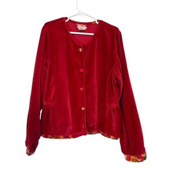VTG 90s April Cornell Girls Cornelloki Velvet Jacket 9/10 Red Floral Trim - Picture 1 of 9